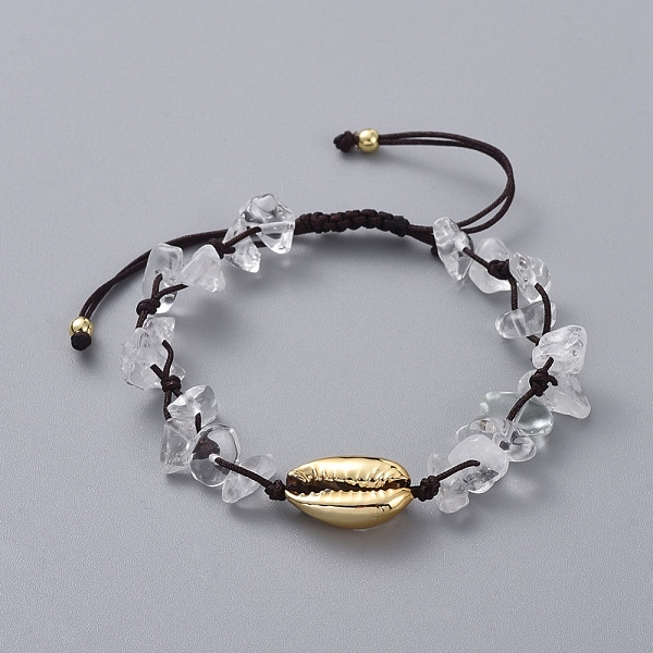 

PandaHall Adjustable Chip Natural Quartz Crystal Braided Bead Bracelets, with Electroplated Cowrie Shell Beads, Golden Plated Brass Beads...