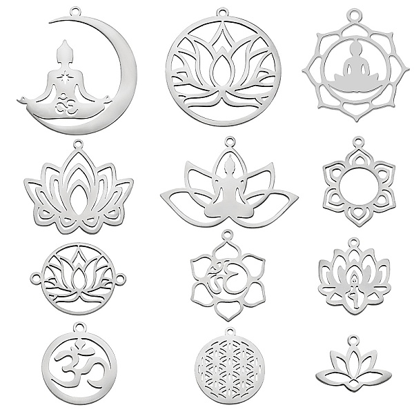 

PandaHall 12Pcs 12 Style 201 Stainless Steel Pendants, Laser Cut, Chakra, Mixed Shapes, Stainless Steel Color, 14~32x12~30x1mm, 1pcs/style...