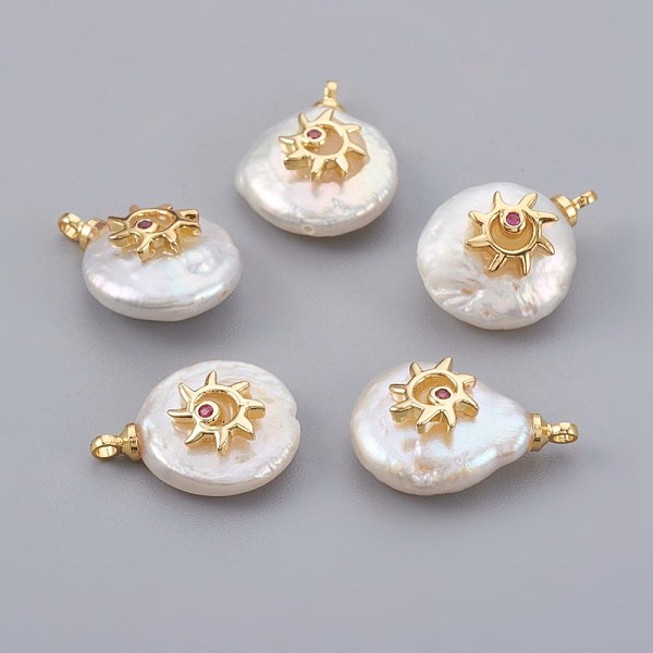 

PandaHall Natural Cultured Freshwater Pearl Pendants, with Cubic Zirconia and Brass Findings, Long-Lasting Plated, Sun, Real 18K Gold Plated..., White