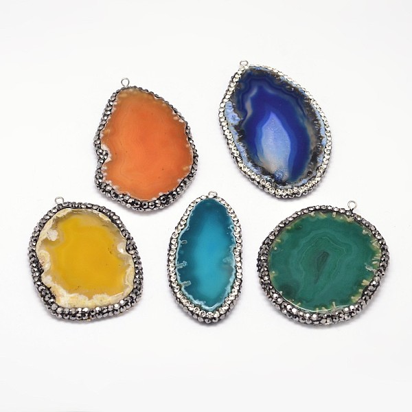 

PandaHall Nuggets Natural Agate Big Pendants, with Platinum Plated Brass Findings and Rhinestones, Dyed, Mixed Color, 50~95x25~60x4~8mm..., Multicolor