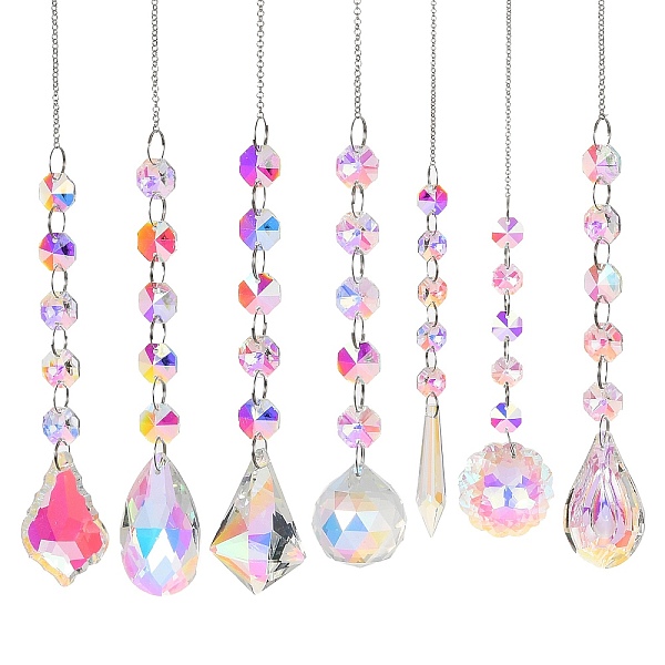 

PandaHall Quartz Crystal Pendant Decorations, with Iron Chains, Mixed Shape, Clear AB, 387~405mm, Pendants: 145~175x14~44mm, about 7Pcs/Set..., White