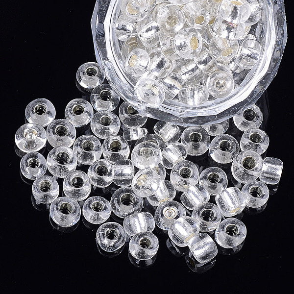 

PandaHall Glass Seed Beads, Silver Lined, Round, Clear, 5~6x3~5mm, Hole: 1.2~2mm, about 2500pcs/bag Glass Clear