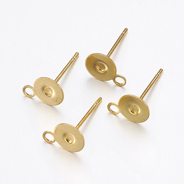

PandaHall Brass Stud Earring Findings, with Loop and Iron Pin, Golden, 8x6x0.1mm, Hole: 1mm, Pin: 0.5mm Brass Others