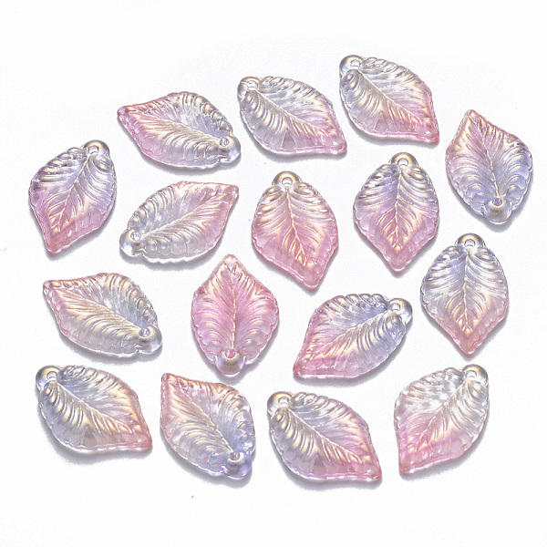 

PandaHall Two Tone Transparent Spray Painted Glass Pendants, with Glitter Powder, Leaf, Plum, 22.5x14.5x3.5mm, Hole: 1.2mm Glass Leaf Purple