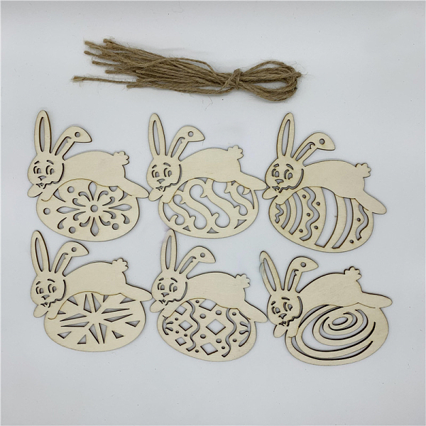 PandaHall Wooden Cutouts Ornaments, with Jute Twine, Easter Hanging Decorations, for Party Gift Home Decoration, Rabbit with Egg, BurlyWood...
