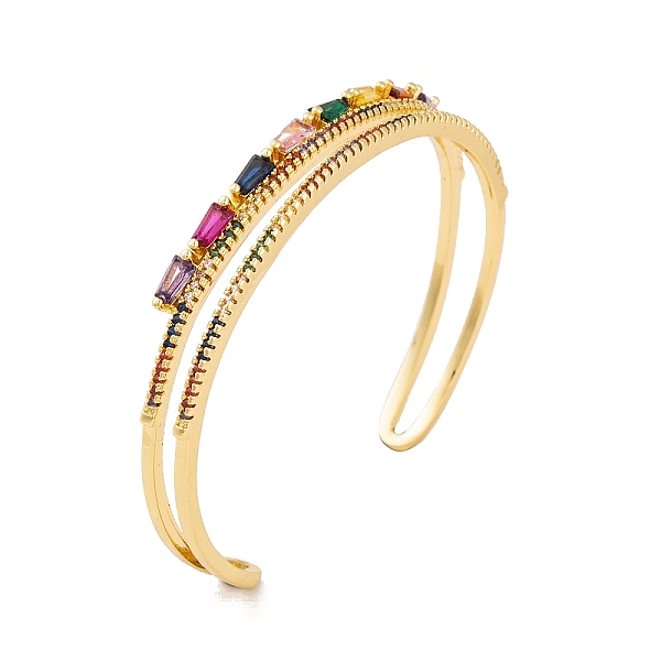 

PandaHall Brass Pave Colorful Cubic Zirconia 2-Strand Open Cuff Bangles for Women, Real 18K Gold Plated, Trapezoid, Inner Diameter: 2-1/4...