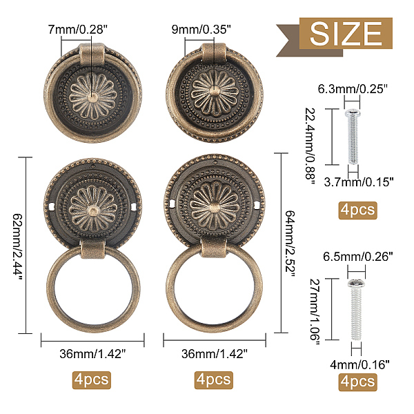 

PandaHall ANANDMAKER 8 Sets Drawer Pull Rings Handles, 2 Styles Vintage Antique Dresser Knobs Bronze Ring Drawer Flat Round Cabinet Knob...