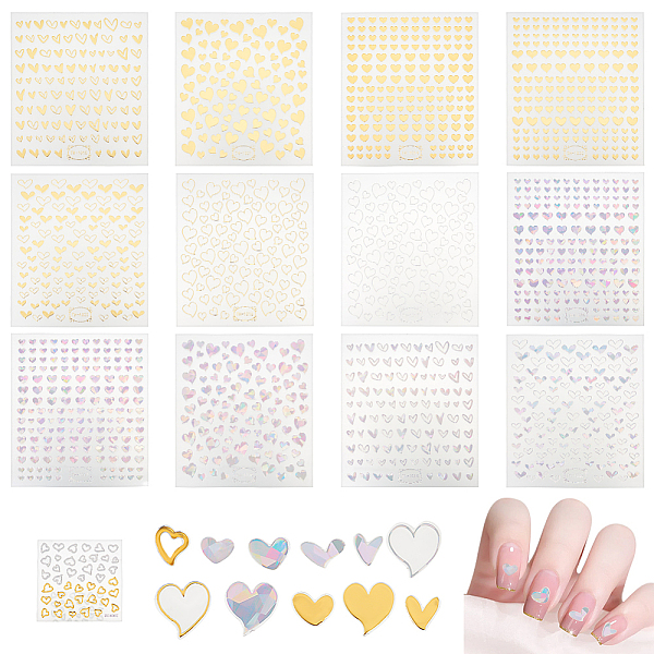 

PandaHall Olycraft 13 Sheets 13 Style 3D Bronzing/Laser Heart Pattern Nail Art Sticker, Self-Adhesive Nail Art Decals for Women Nail..., Multicolor