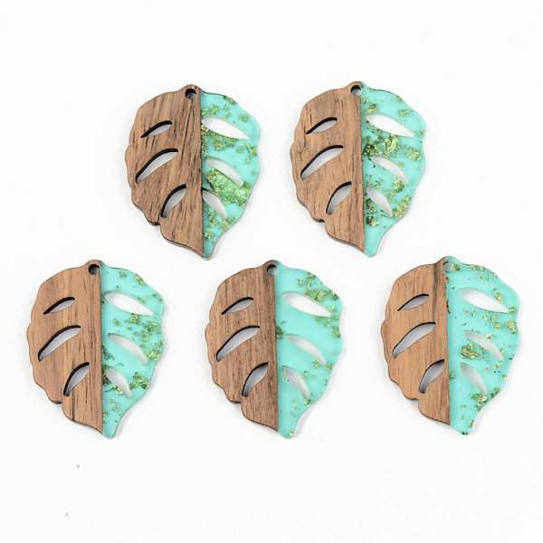 

PandaHall Transparent Resin & Walnut Wood Pendants, with Gold Foil, Leaf, Pale Turquoise, 37x28x3mm, Hole: 2mm Resin+Wood Leaf Cyan