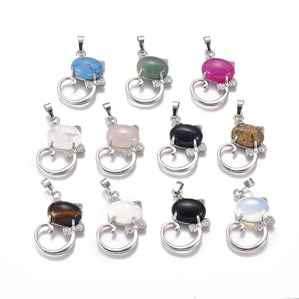 

PandaHall Natural & Synthetic Mixed Gemstone Kitten Pendants, with Platinum Tone Brass Findings and Crystal Rhinestone, Cat with Bowknot..., Clear
