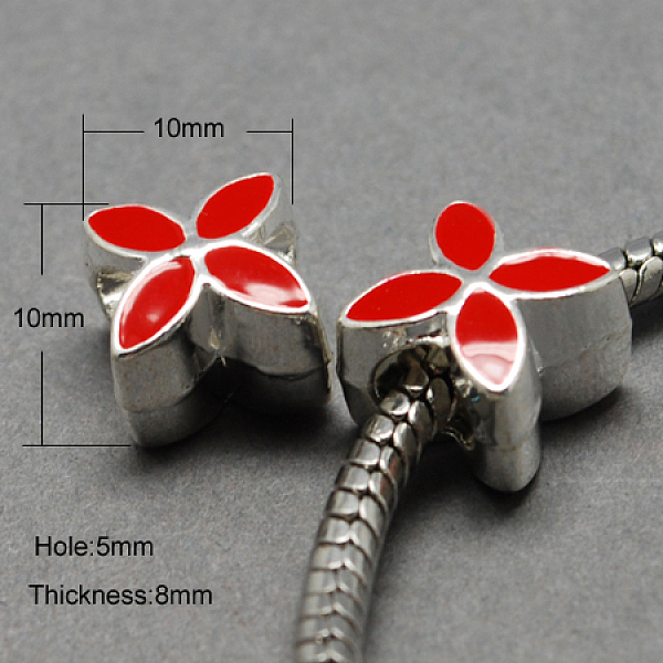 

PandaHall Alloy Enamel European Beads, Large Hole Beads, Flower, Silver Color Plated, Red, 10x10x8mm, Hole: 5mm Alloy+Enamel Flower Red
