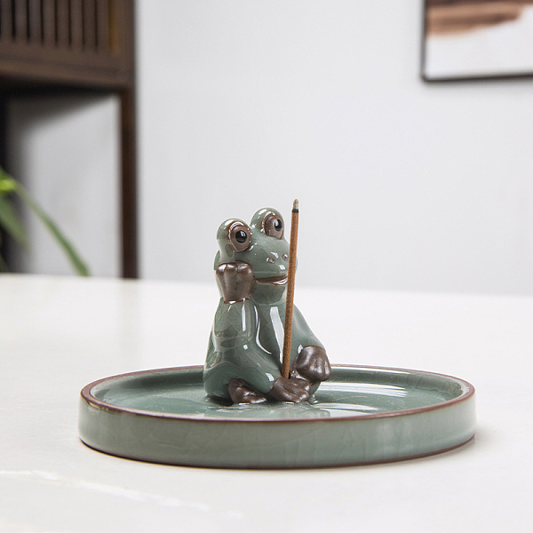 

PandaHall Porcelain Incense Burners, Flat Round with Frog Incense Holders, Home Office Teahouse Zen Buddhist Supplies, Dark Sea Green...