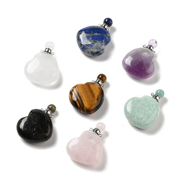 PandaHall Natural Mixed Stone Perfume Bottle Pendants, for Essential Oil, Perfume, with Platinum Tone Brass Findings and Pipettes, Heart...