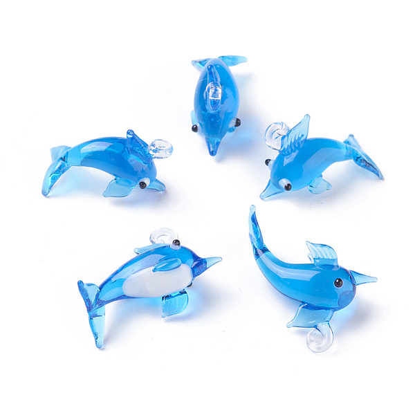 

PandaHall Handmade Lampwork Pendants, Dolphin, Dodger Blue, 27~33x11~14x18~23mm, Hole: 2~4mm Lampwork Dolphin Blue