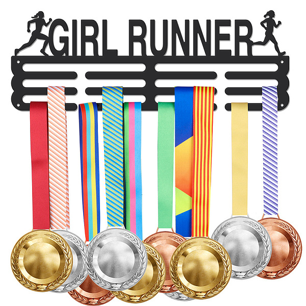 

PandaHall Iron Medal Hanger Holder Display Wall Rack, with Screws, Girl Runner, Human, 150x400mm Iron Human Black