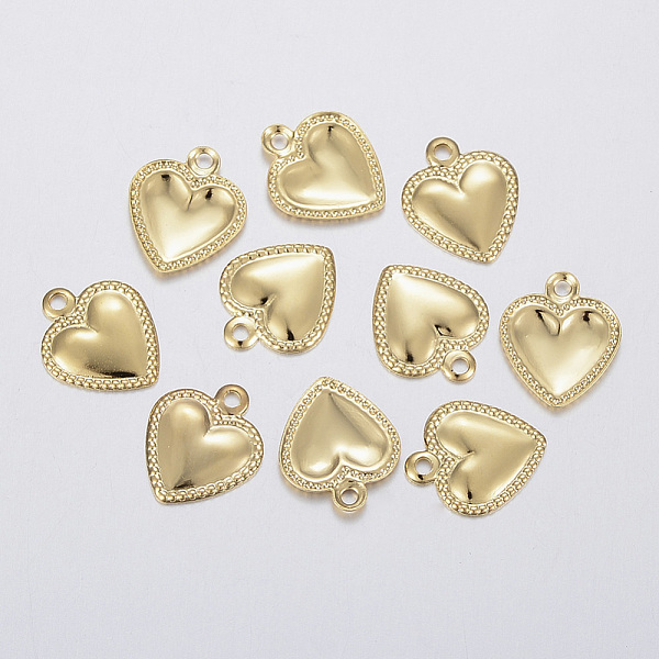 PandaHall 304 Stainless Steel Charms, Puffed Heart, Golden, 10x8x0.8mm, Hole: 1mm 304 Stainless Steel Heart