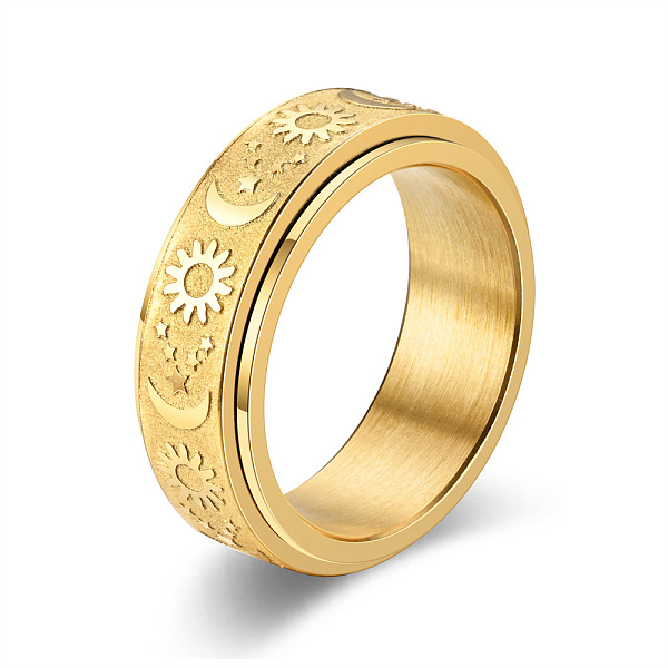 PandaHall Star & Moon & Sun Titanium Steel Rotatable Finger Ring, Fidget Spinner Ring for Calming Worry Meditation, Golden, US Size 8 1/2...