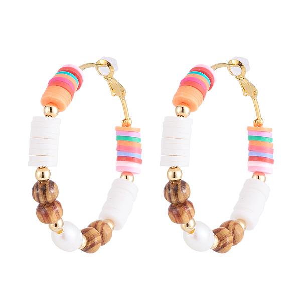 

PandaHall Brass Heishi Beaded Hoop Earrings, with Wood Beads, Natural Pearl Beads, Plastic Ear Nuts and Golden Plated Brass Beads, Colorful...