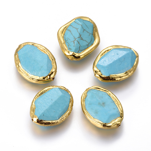 

PandaHall Synthetic Turquoise Beads, with Golden Plated Brass Findings, Oval, 23~26x17~21x6~8mm, Hole: 0.8mm Synthetic Turquoise Oval