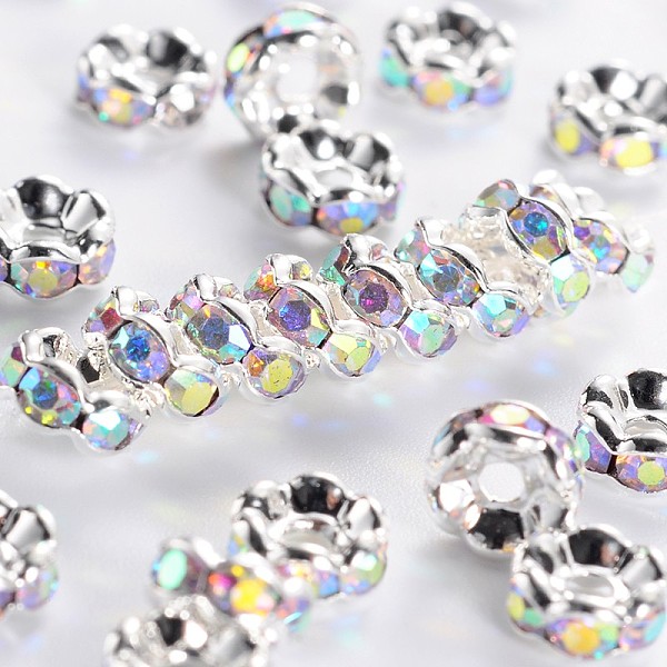 

PandaHall Brass Rhinestone Spacer Beads, Grade AAA, Wavy Edge, Nickel Free, Silver Color Plated, Rondelle, Crystal AB, 6x3mm, Hole: 1mm..., Clear