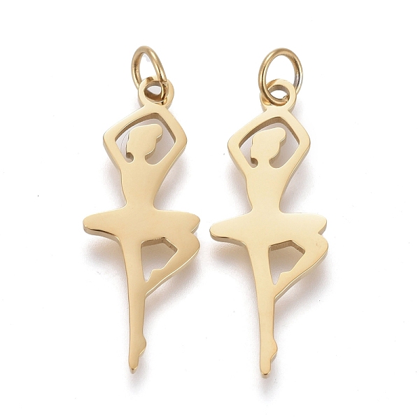 

PandaHall Ion Plating(IP) 304 Stainless Steel Pendants, with Jump Ring, Laser Cut, Ballet Dancer, Golden, 22x8x0.8mm, Jump Ring: 4x0.6mm...