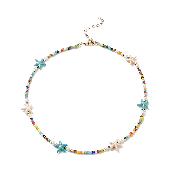 

PandaHall Colorful Synthetic Turquoise Starfish & Shell Pearl & Glass Seed Beaded Necklace for Women, Golden, 17.32 inch(44cm) Synthetic...