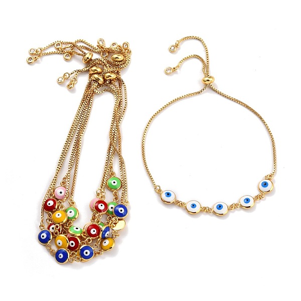 

PandaHall Adjustable Brass Slider Bracelets, Bolo Bracelets, with Box Chains and Brass Enamel Links, Evil Eye, Golden, Mixed Color, Inner..., Multicolor