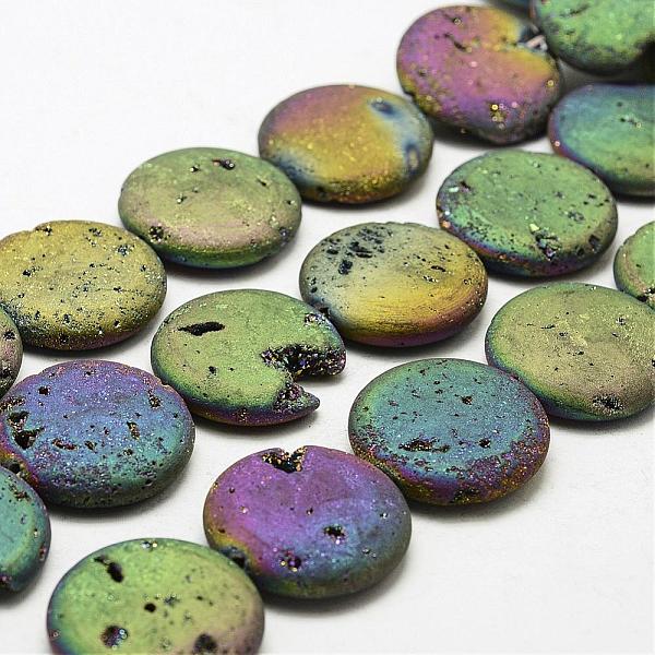 

PandaHall Electroplated Natural Druzy Geode Crystal Beads Strands, Flat Round, Dyed, Multi-color Plated, 30x7~8mm, Hole: 2mm, about...
