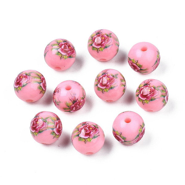 

PandaHall Opaque Printed Acrylic Beads, Round with Flower Pattern, Pink, 9x9.5mm, Hole: 1.8mm Acrylic Round Pink