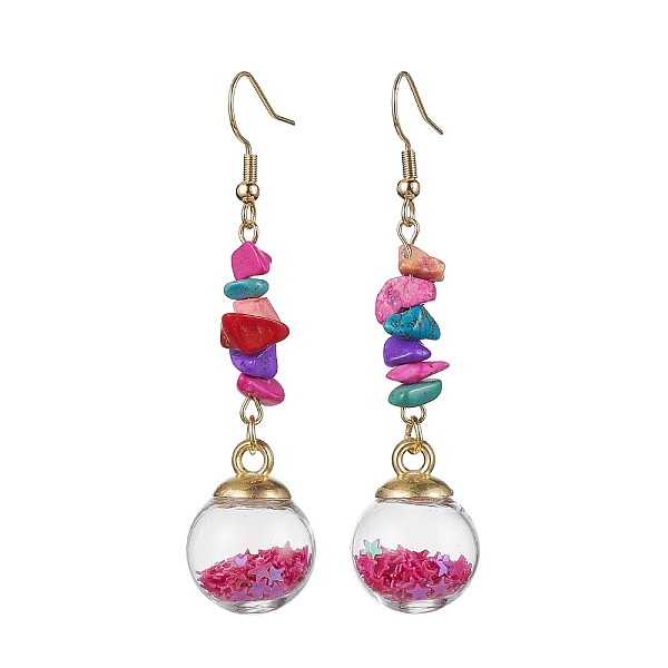 

PandaHall Synthetic Turquoise Chips Dangle Earrings, Glass Wish Ball Drop Earrings, 66.5x16mm Synthetic Turquoise Chip