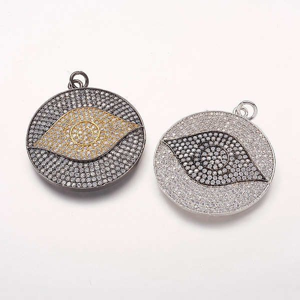 

PandaHall Brass Micro Pave Cubic Zirconia Pendants, Flat Round with Eye, Mixed Color, 37x34x3mm, Hole: 4mm Brass+Cubic Zirconia Flat Round