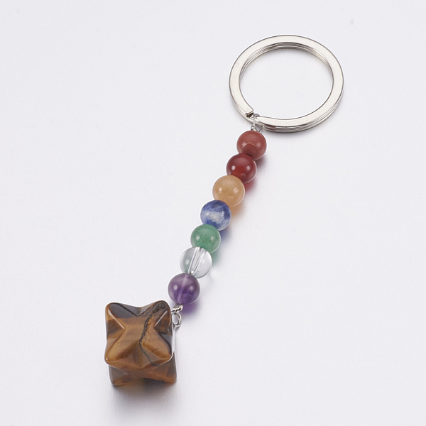 

PandaHall Natural Tiger Eye Chakra Keychain, with Mixed Stone and Platinum Plated Brass Key Rings, Merkaba Star, 90mm Tiger Eye Star