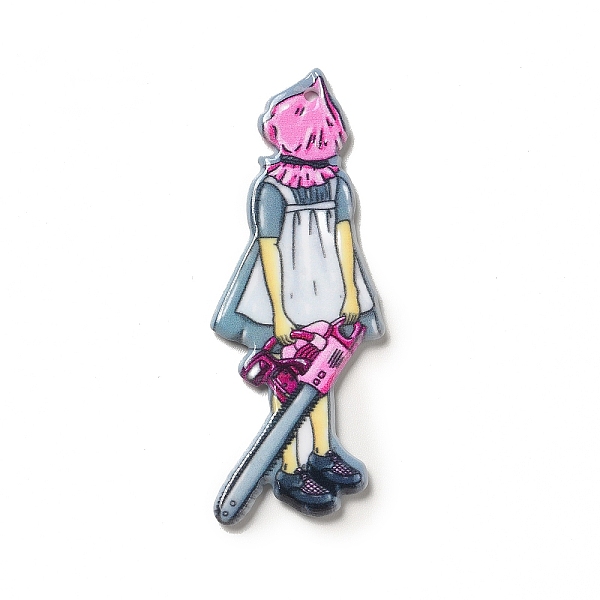 

PandaHall Halloween Printed Acrylic Pendants, Creepy Girl with Chainsaw Charm, 60x23.5x2.6mm, Hole: 1.8mm Acrylic Human White