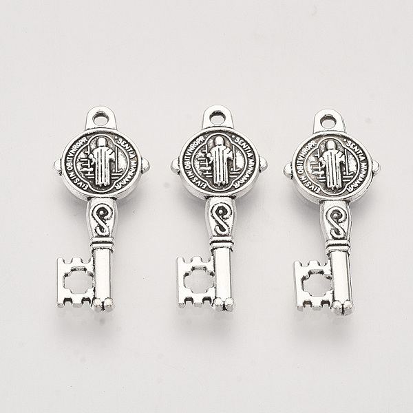 

PandaHall Tibetan Style Alloy Pendants, Cadmium Free & Lead Free, Key with Saint Benedict, with Word CssmlNdsmd, Antique Silver, 24x10x2mm...