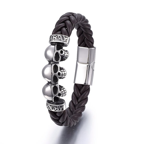 

PandaHall Leather Cord Bracelets, with 304 Stainless Steel Magnetic Clasp, Skull, Antique Silver & Stainless Steel Color, 8-5/8 inch(22cm)...