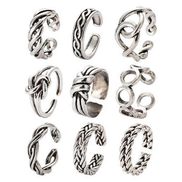 

PandaHall 9Pcs 9 Style Alloy Cuff Finger Rings, Open Rings, Antique Silver, 5~12mm, Inner Diameter: 16~18mm, 1pc/style Alloy
