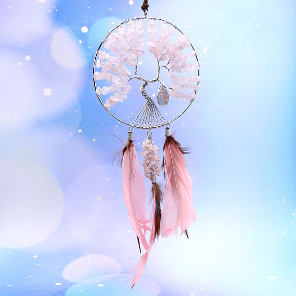 pandahall woven net/web with feather natural rose quartz chips pendant decorations, with wire wrapped flat round with tree of life, for home...