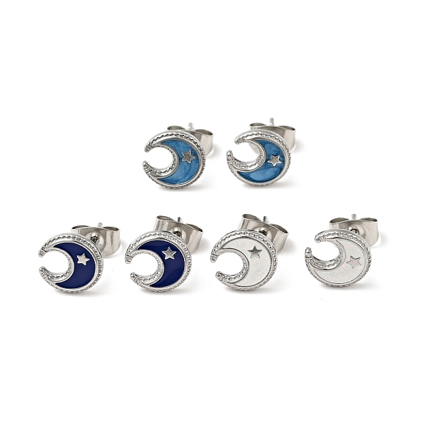 

PandaHall Enamel Crescent Moon with Star Stud Earrings with 316 Surgical Stainless Steel Pins, Stainless Steel Color Plated 304 Stainless..., Multicolor