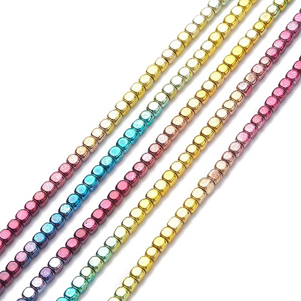 

PandaHall Rainbow Color Electroplate Non-magnetic Synthetic Hematite Beads Strands, Cube, Multi-color Plated, 4x4x4mm, Hole: 0.8mm, about...