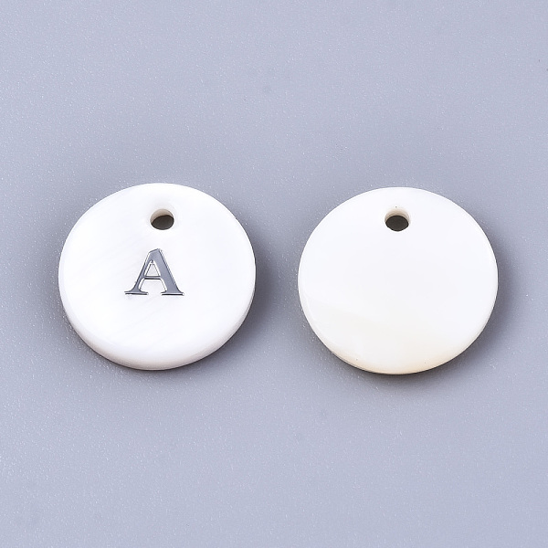 

PandaHall Natural Freshwater Shell Pendants, with Platinum Plated Iron Etched Metal Embellishments, Flat Round with Initial Letter, White...
