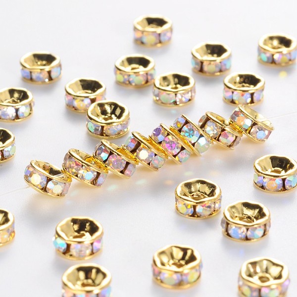 

PandaHall Brass Grade A Rhinestone Spacer Beads, Golden Plated, Rondelle, Nickel Free, Crystal AB, 6x3mm, Hole: 1mm Brass+Rhinestone..., Clear