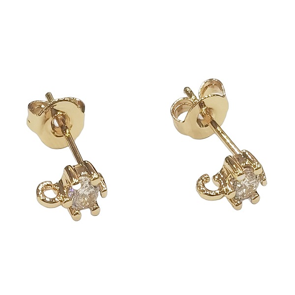 Micropave de latón claro fornituras de aretes de circonio cúbico cúbica, con bucle, Plateado de larga duración, plano y redondo, real 18k chapado en oro, 6x4mm, agujero: 1 mm, pin: 0.8 mm