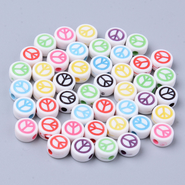 

PandaHall Opaque White Acrylic Beads, Flat Round with Mixed Color Peace Sign, 6.5x3.5mm, Hole: 1.6mm, about 3600pcs/500g Acrylic Flat Round..., Multicolor