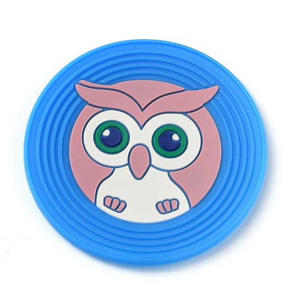 PandaHall Cartoon Silicone Anti-Slip Pad, Kitchen Hot Mats, Flat Round, Owl Pattern, 9x0.2cm Silicone Owl Blue