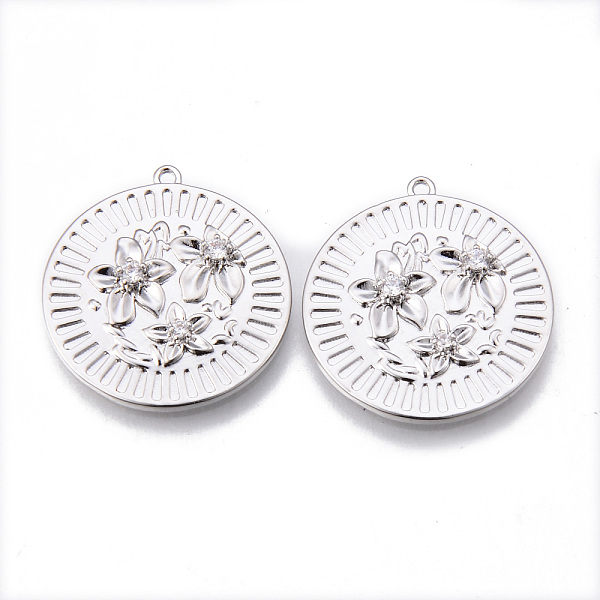 

PandaHall Brass Micro Pave Clear Cubic Zirconia Pendants, Nickel Free, Flat Round with Flower, Platinum, 25x23x3mm, Hole: 1.2mm Brass+Cubic...