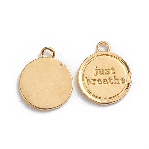 

PandaHall Brass Charms, Flat Round with Word Just Breathe, Golden, 14.5x12x1mm, Hole: 1.6mm Brass Flat Round