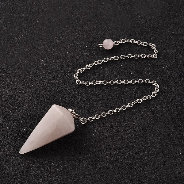 

PandaHall Platinum Tone Brass Rose Quartz Cone Hexagonal Pointed Dowsing Pendulums, with Lobster Claw Clasps, 230x3mm Rose Quartz Cone