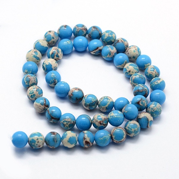 

PandaHall Synthetic Imperial Jasper Beads Strands, Dyed, Round, Deep Sky Blue, 6mm, Hole: 0.8mm, about 63pcs/strand, 14.76 inch(37.5cm)...