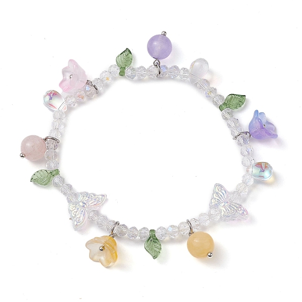 Dyed Natural Mixed Stone & Glass Beaded Stretch Bracelet With Flower Charms