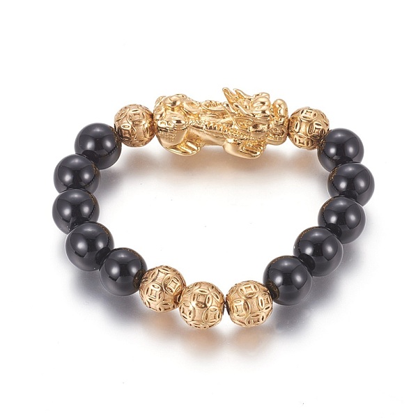 

PandaHall 304 Stainless Steel Stretch Bracelets, with Black Stone, Pi Xiu, Golden, 2-3/8 inch(5.9cm) 304 Stainless Steel